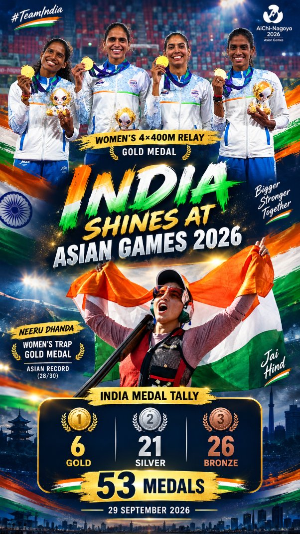 NARESH00004's tweet photo. 🔥 India Shines at Asian Games 2026! 🇮🇳🥇
53 MEDALS &amp; COUNTING! 💥
6 🥇 Gold | 21 🥈 Silver | 26 🥉 Bronze

#AsianGames2026 #TeamIndia #India #53Medals #GoldMedal #Athletics #NeeruDhanda #IndianSports #AichiNagoya2026 #JaiHind https://t.co/73hsri5Eh2