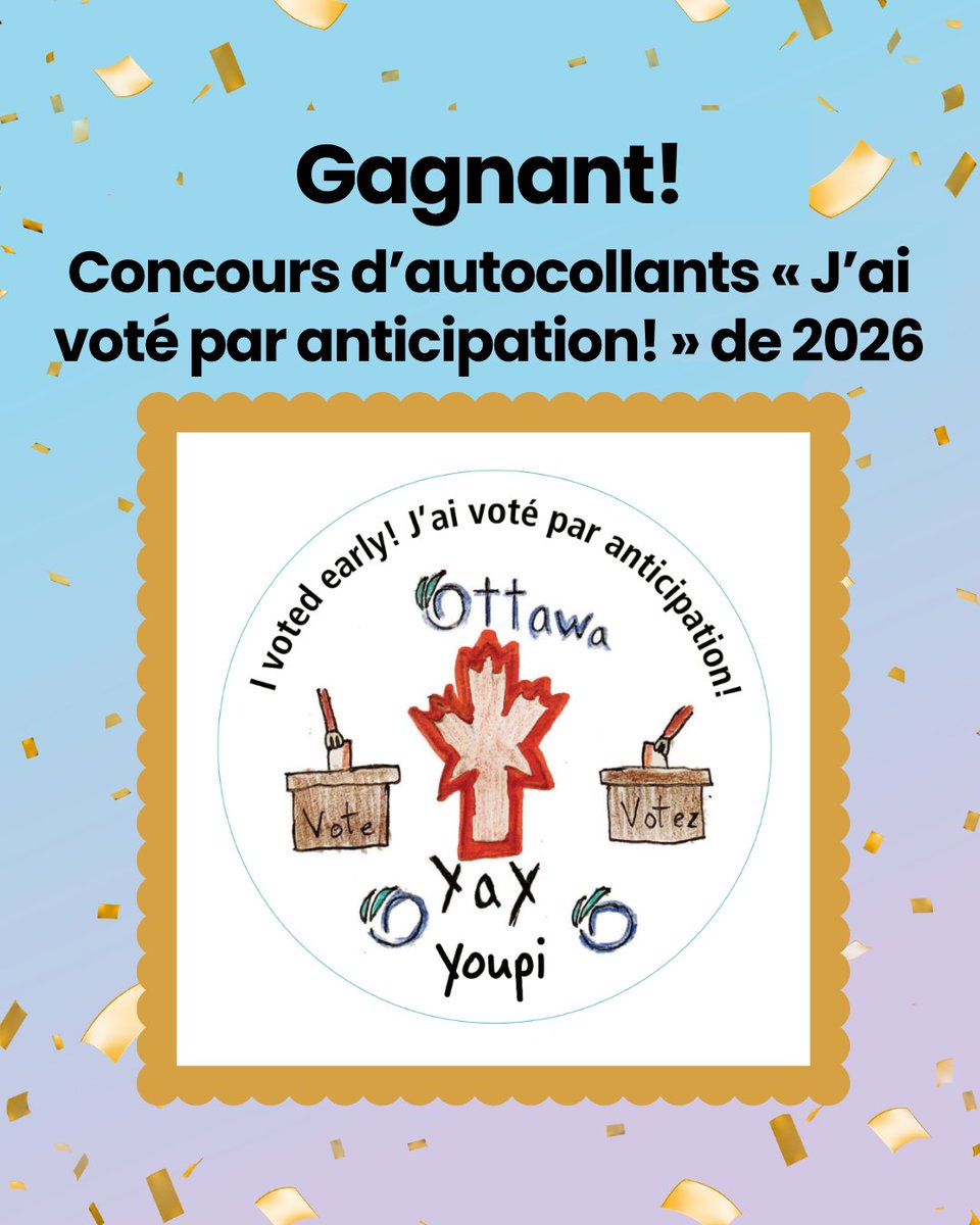 ottawavotez's tweet photo. Nous avons un gagnant! Bravo à tous les participants au concours d’autocollants « J’ai voté par anticipation! ». Le dessin retenu sera distribué aux bureaux de vote les jours de vote par anticipation spécial (du 1er au 4 oct.) et de vote par anticipation (le 16 oct.). #OttVotez https://t.co/U1BS7rjvZf