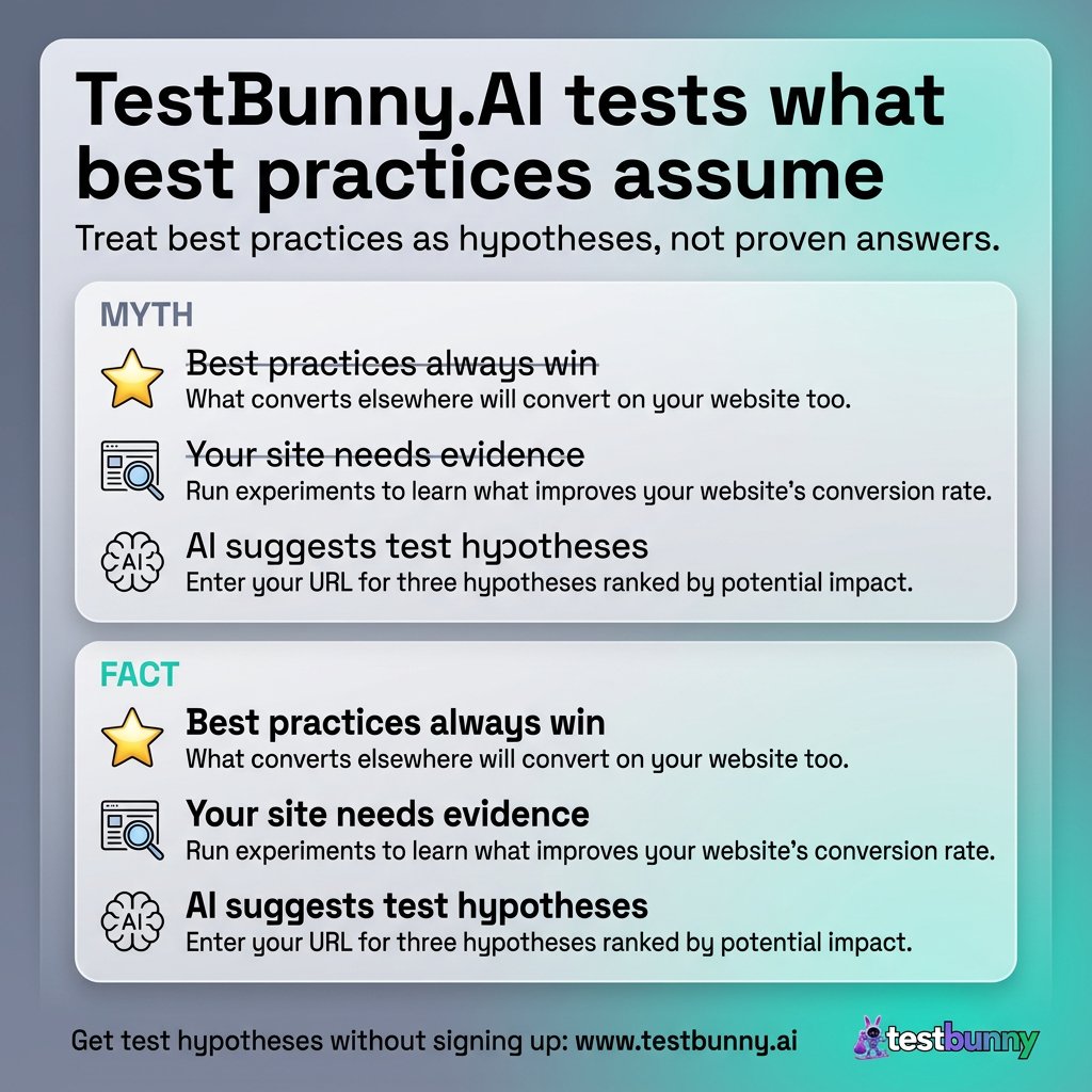 TestBunnyAI's tweet photo. The data says otherwise: 'Best practices' are often just recycled mediocrity. 

1. Kill the 'Best Practice' ego
2. Use AI to find hidden friction
3. Run evidence-led tests
4. Scale what works

Learn more: https://t.co/jlYADK4j3C https://t.co/FKPqvBgheJ