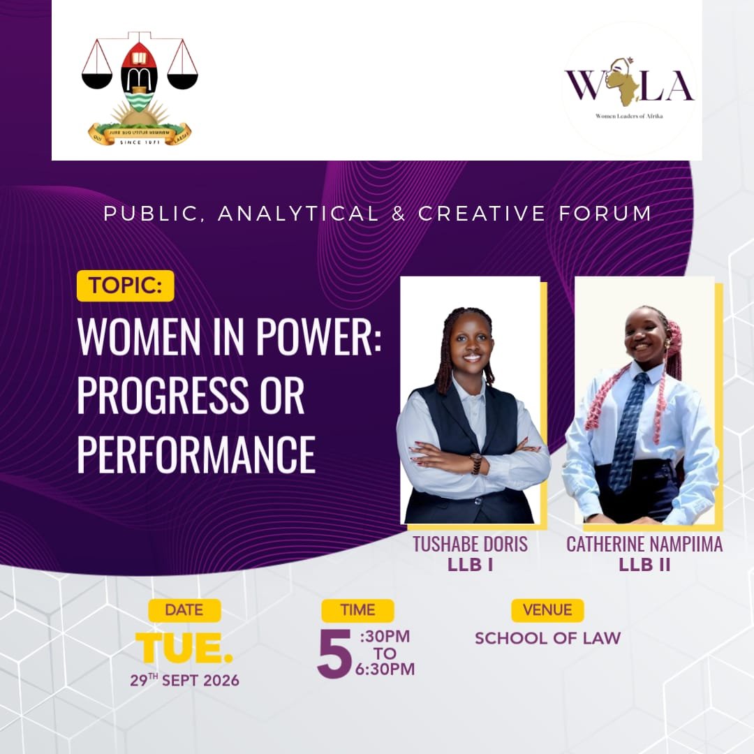 MakWola's tweet photo. Have women achieved progress or are we still performing it? Does society shape who gets to lead? 
WOLA in partnership with Makerere Law Society opened these questions at the first Public, Analytical &amp; Creative Forum, and the conversation has only begun. 💜 #WOLA #WomenInPower https://t.co/4NI4J7P2Q8