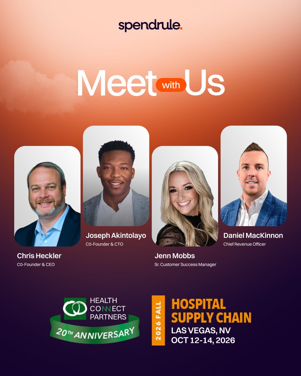spendrule's tweet photo. Meet SpendRule at the 2026 Fall Hospital Supply Chain Conference from October 12–14 at the Westgate Resort & Casino, Las Vegas.

Where To Find Us
📍 Product Showcase: Monday, October 12 | 11:30 AM – 4:00 PM | Booth 1409
Stop by Booth 1409 during our Product Showcase to see it firsthand: how SpendRule turns contract terms into rules that validate every invoice line before payment goes out, not after.

📍 Sponsored Lunch & Learn: Tuesday, October 13 | 12:15 PM – 1:15 PM | Ballroom D
Join us at Ballroom D for lunch and real discussions about what prevention actually looks like in purchased services spend management.

Purchased services contracts are negotiated with real discipline and too often enforced with none. If that's a challenge on your radar, let's connect in Vegas!

#SpendRule #HospitalSupplyChain #HealthcareSupplyChain #FallHSCC2026