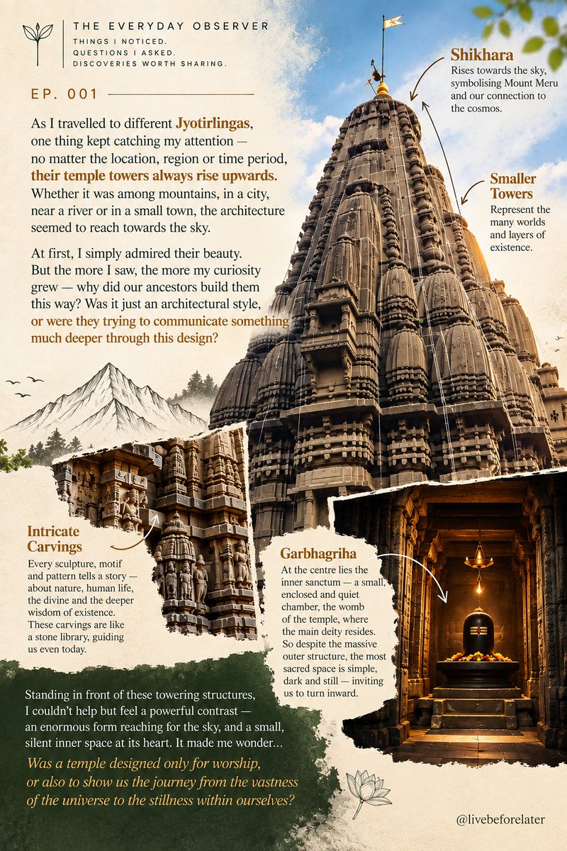 LiveBeforeLater's tweet photo. The Discovery

I discovered the Shikhara: a towering structure traditionally associated with the cosmic Mount Meru.

Beneath it lies the Garbhagriha, the intimate inner sanctum.

A fascinating contrast: an enormous structure rising above a small, sacred centre. https://t.co/3HqYABEX7u