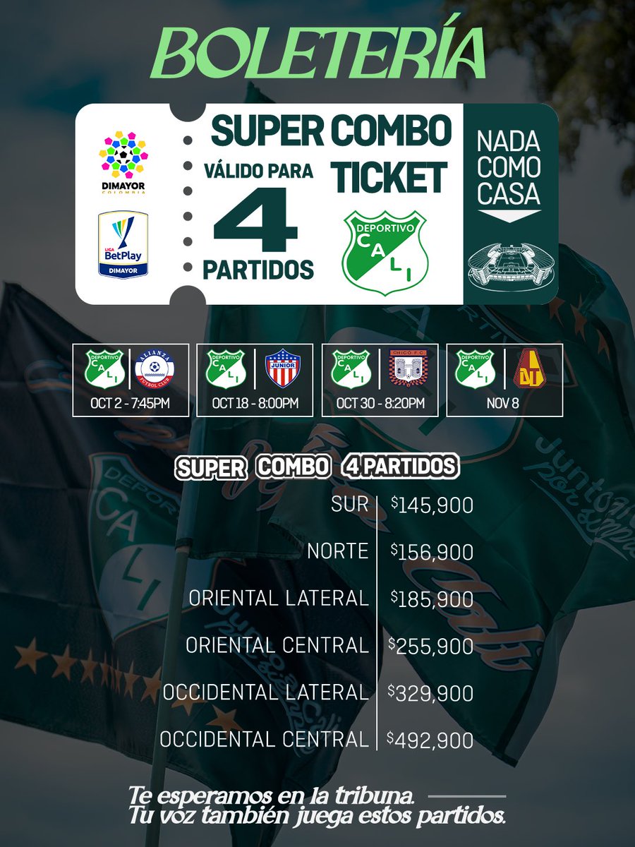 DeportivoCaliCP's tweet photo. ¡Tu voz y tu aliento son tan importantes que multiplican nuestras fuerzas X4! 😍🏟️

Hincha Azucarero, ¡contamos contigo hoy, mañana y SIEMPRE! Por eso, presentamos para ti este ticket válido para nuestros próximos 4 partidos EN NUESTRA CASA 🏟️😌

Te esperamos en las tribunas. ¡Tu aliento también juega los partidos! ⚡️

Disponible en 🎟️ https://t.co/KSqSLHDCJm

#VamosCali