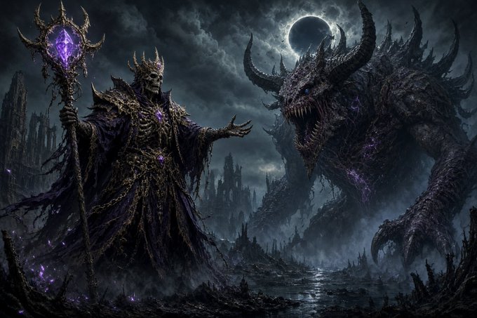 A dark fantasy digital artwork depicting a skeletal, crowned lich king holding a glowing purple staff confronting a massive horned demon under an eclipse over a ruined gothic city.