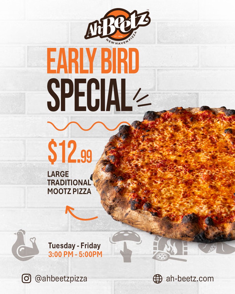 ah_beetz's tweet photo. EARLY BIRD SPECIAL!
Get a Large Traditional Mootz Pizza for just $12.99 
📅 Tuesday–Friday
⏰ 3–5 PM
Authentic New Haven pizza at an unbeatable afternoon price.
📍 Ah-Beetz New Haven Pizza
🌐 https://t.co/Hb3UVCypdM https://t.co/7iMIGjfaX6