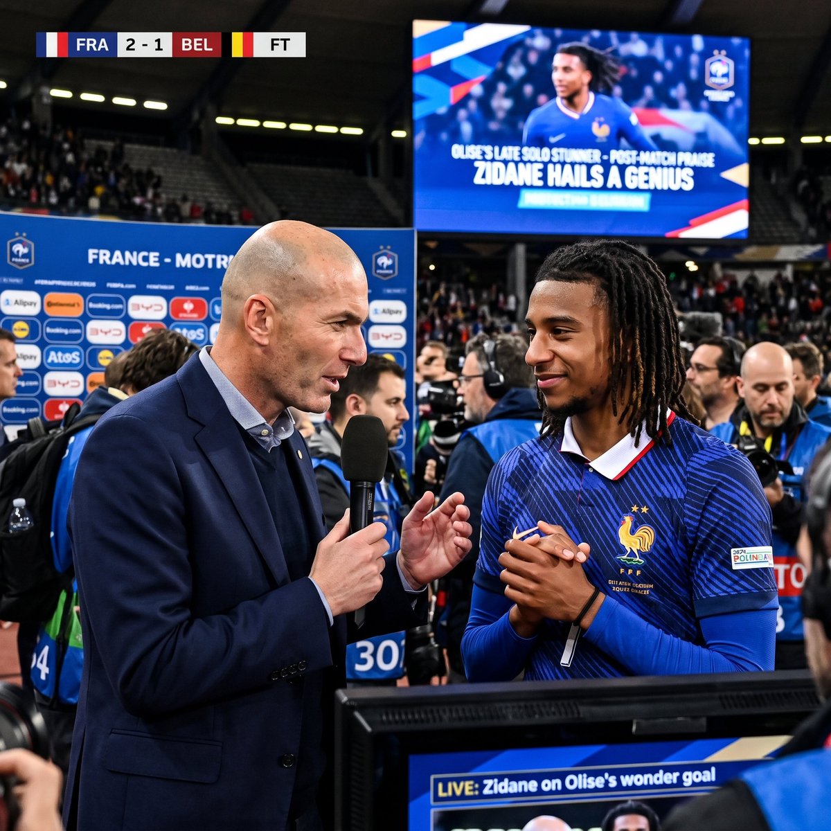 Post___lt's tweet photo. 🚨 ZIDANE WOWED BY OLISE’S FRANCE HEROICS!

🔥 LATE MAGIC: Michael Olise came off the bench and scored a solo goal in the 88th minute, giving France a 1-0 victory over Belgium.

🔥 ZIDANE’S PRAISE: The French boss called Olise an extraordinary talent, praising his dribbling, intelligence, creativity and understanding when to attack or drop deeper. Zidane also loved the winger’s desire to entertain supporters.

💫 BIG IMPACT: Olise replaced Bradley Barcola before delivering the decisive moment. France controlled the game, created chances, while Belgium remained dangerous on counterattacks.

🏆 NEXT CHALLENGE: France face Italy, with Zidane seeking another victory.