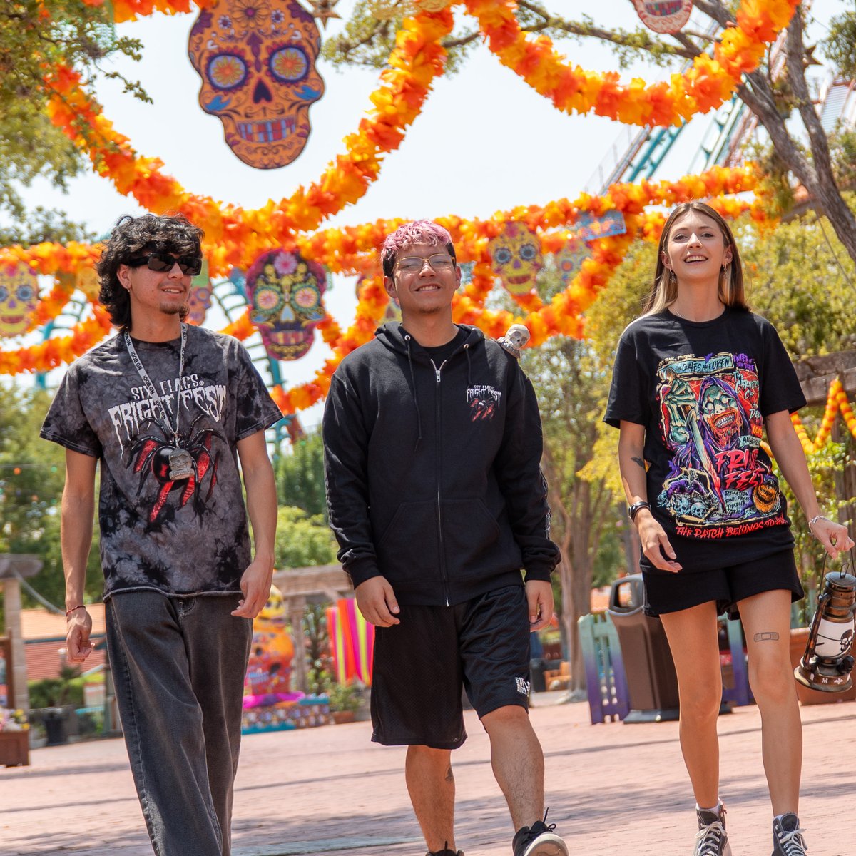SF_FiestaTexas's tweet photo. Your wardrobe just got a little more sinister. 🩸🖤

Rep the screams at Six Flags all season long with the official Tricks &amp; Treats Collection. 

Shop the scares. Wear the fear. 🔥

#sixflags #halloween #scaryclothes https://t.co/wxFtyAaJMd
