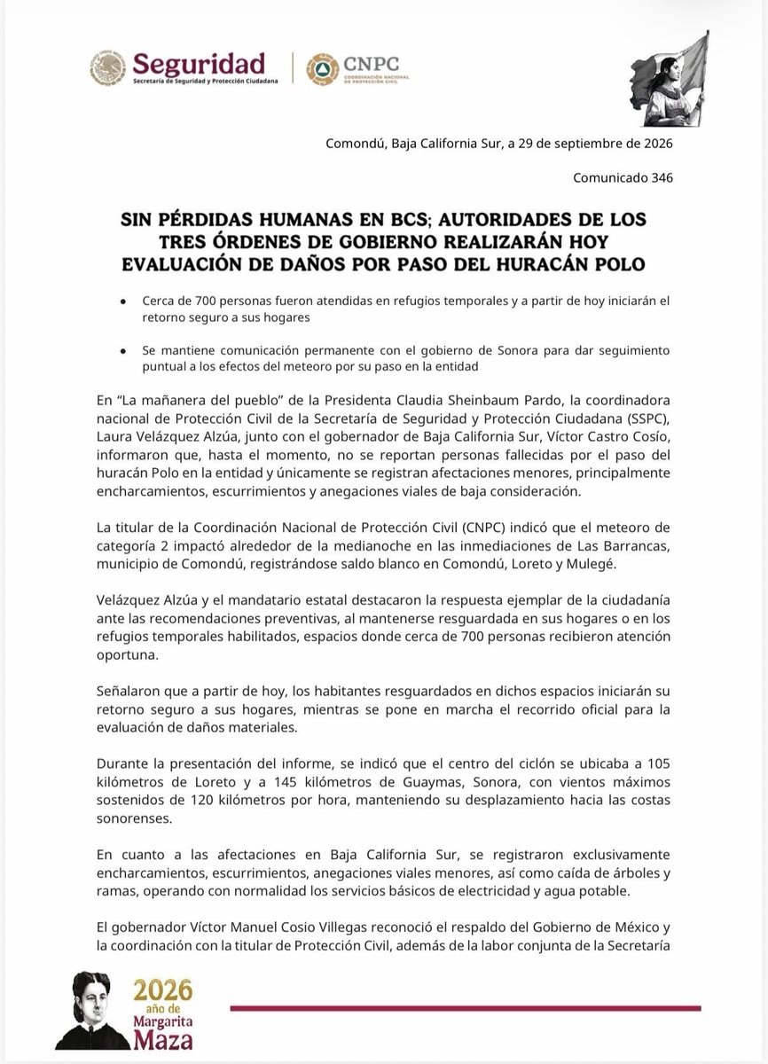 SasslaClimaMx's tweet photo. #Reportando 🌀 | Autoridades confirman saldo blanco en #BCS tras el impacto directo del #HuracánPolo. 🟢

🚸 Cerca de 700 personas atendidas en refugios iniciarán hoy el retorno a sus hogares, mientras los tres órdenes de gobierno evalúan los daños en la entidad. https://t.co/WHFlYo3ZBO