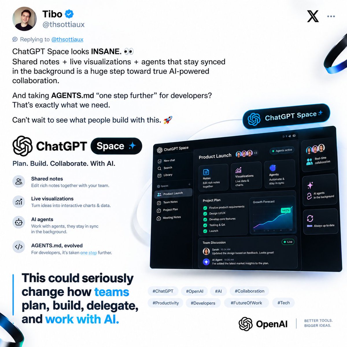 apimasteratai's tweet photo. @thsottiaux ChatGPT Space looks INSANE. 👀

Shared notes + live visualizations + agents that stay synced in the background is a huge step toward true AI-powered collaboration.

And taking AGENTS.md “one step further” for developers? 🔥

This could seriously change how teams plan, build, delegate, and work with agents.

Can’t wait to see what ships. 🚀

#ChatGPT #OpenAI #ChatGPTSpace #AI #ArtificialIntelligence #AIagents #Agents #Developers #DevDay #SoftwareEngineering #Productivity #Collaboration #FutureOfWork #Tech

@apimasteratai