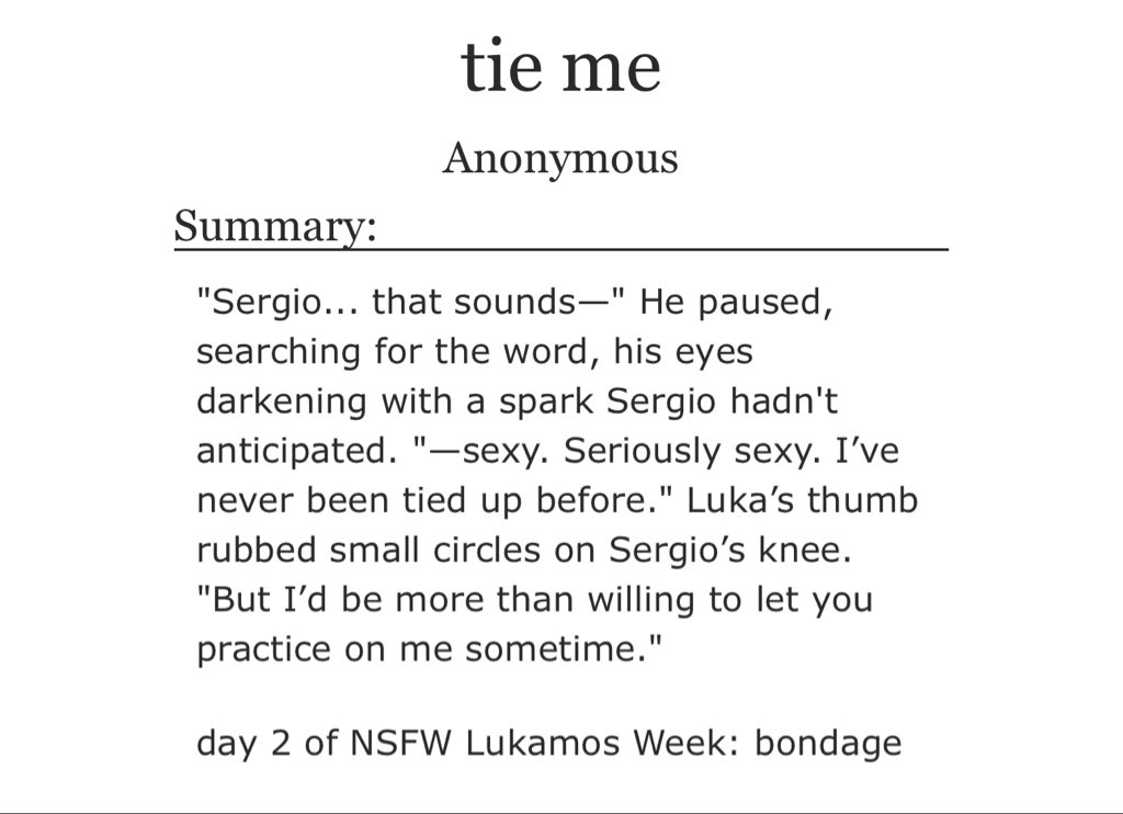 hiekholm's tweet photo. #lukamos day 2: bondage
https://t.co/VRd2N9pVqC
#NSFWLukamosWeek @LukamosWeek https://t.co/8QBQNanG5W
