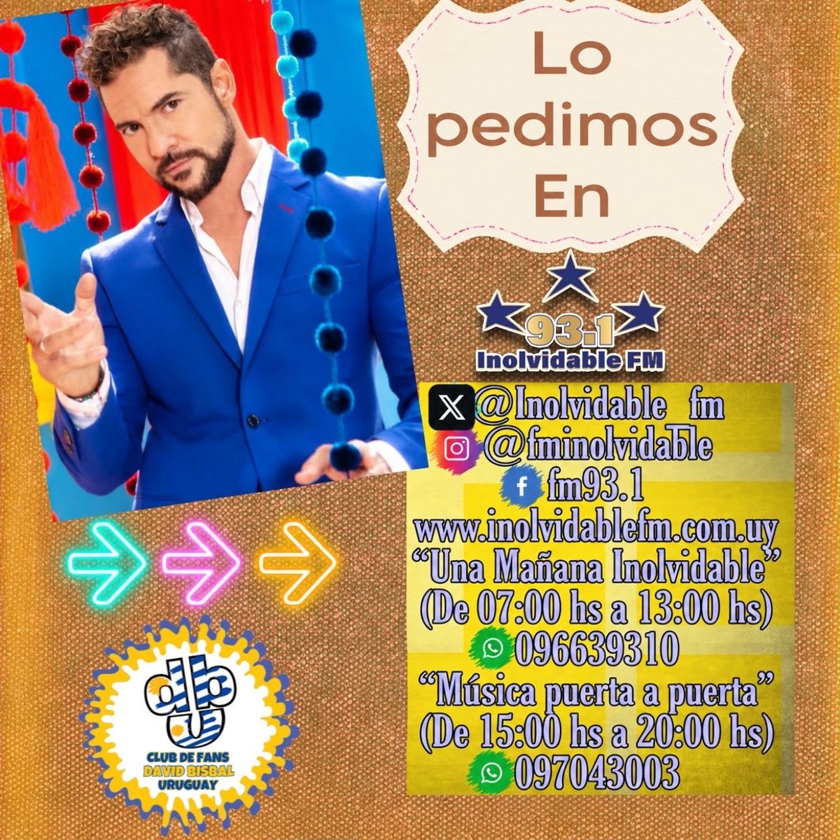 FCDavidBisbalUY's tweet photo. Pedí tu canción favorita de @davidbisbal en @fminolvidable
@umuruguay @umargentina @universalspain
#davidbisbal #inolvidable #radio #musica #uruguay https://t.co/3Z45Y5vAv8