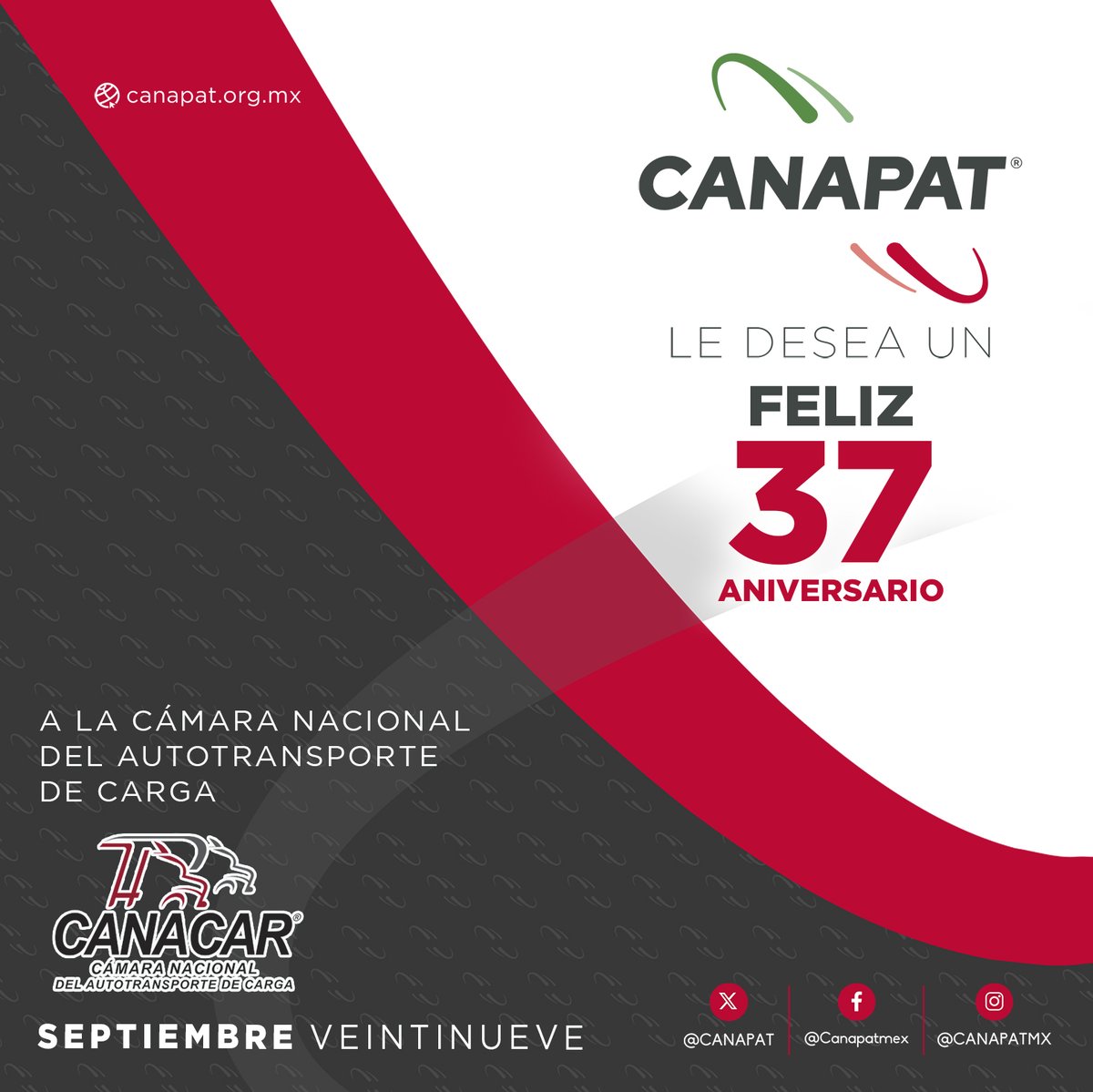 CANAPAT's tweet photo. En nombre de todos los que integramos la #CANAPAT felicitamos a la @canacarmexico  con motivo de su 37 aniversario. 

¡Enhorabuena!

@Virginia_Olalde https://t.co/XjTQs7tRHY