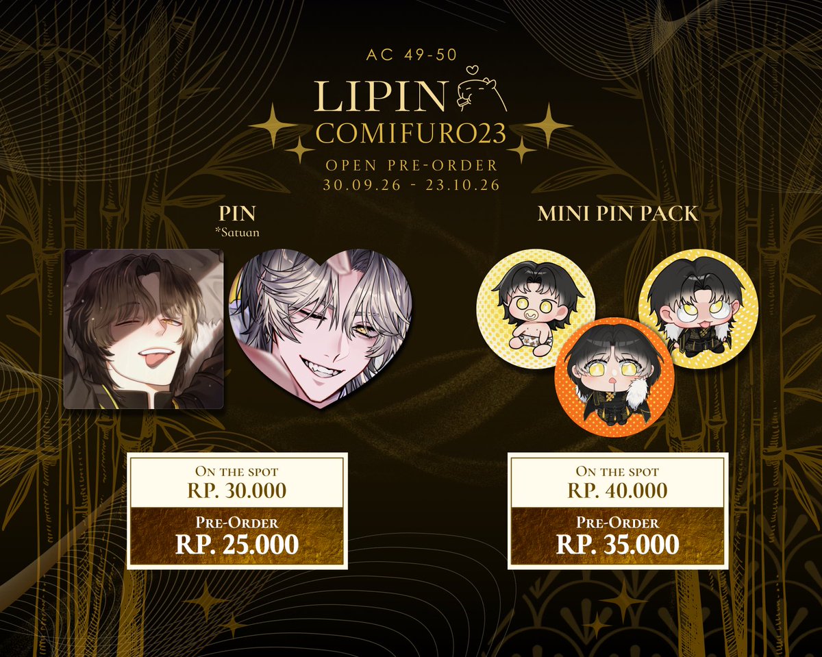 LipinVA's tweet photo. PRE-ORDER MERCHANDISE LIPIN COMIFURO 23

PENGUMUMAN!!! Para rakyat berbahagia, kami persembahkan merchandise Lipin yang sangat plenger dan di luar nalar ini.

🗓️: 30 September - 23 Oktober 2026
📌: 
https://t.co/T2tqgpBfTc https://t.co/4Ip9Wl9nBV