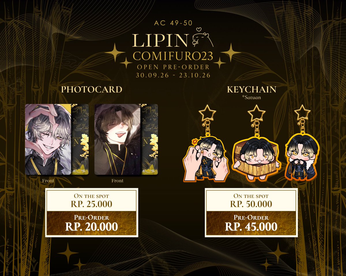 LipinVA's tweet photo. PRE-ORDER MERCHANDISE LIPIN COMIFURO 23

PENGUMUMAN!!! Para rakyat berbahagia, kami persembahkan merchandise Lipin yang sangat plenger dan di luar nalar ini.

🗓️: 30 September - 23 Oktober 2026
📌: 
https://t.co/T2tqgpBfTc https://t.co/4Ip9Wl9nBV
