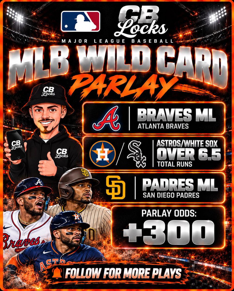 CBLocksss's tweet photo. ⚾️ MLB WILDCARD PARLAY (+300)

• Braves ML
• Astros/White Sox Over 6.5
• Padres ML

$75 ➡️ $300

Lock this in before it’s too late!💰 https://t.co/dtBxNtDZIp