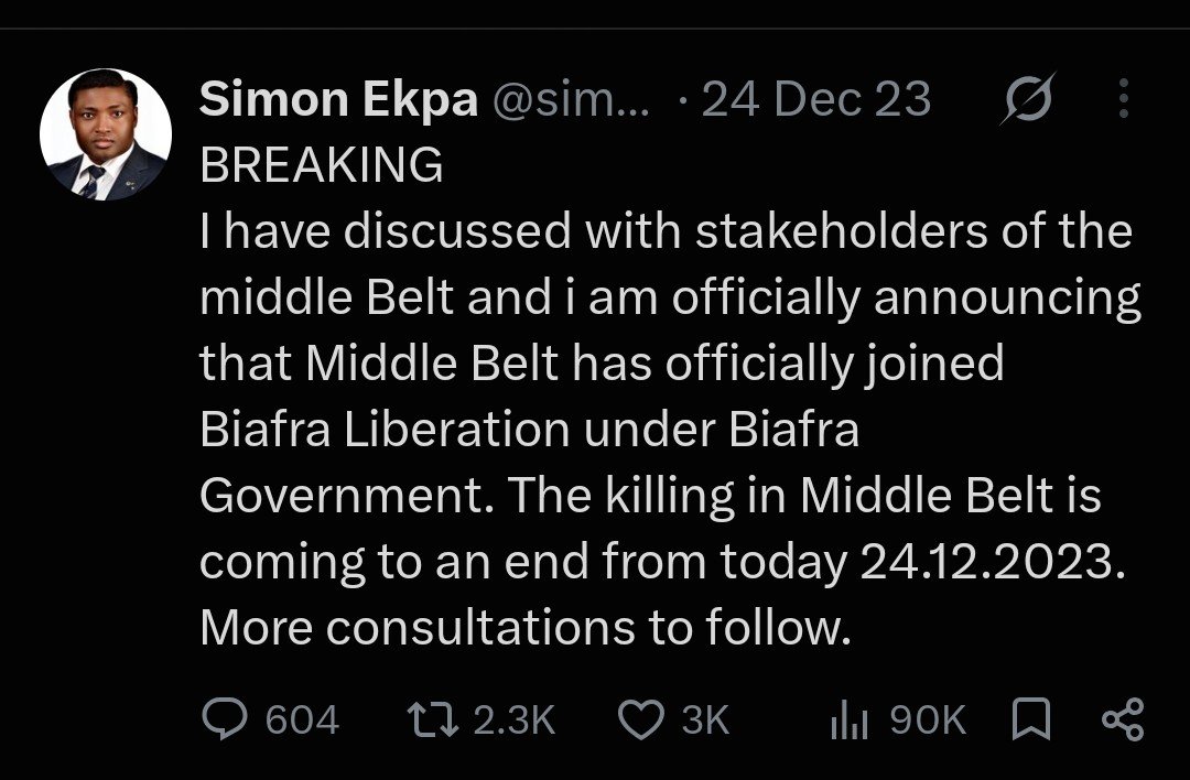 OCCPriceless's tweet photo. The ignoramus @MikeArnoldTruth says that we should “carry others along” before even thinking about independence. What exactly have we not done to carry others along?

Even those in the Middle Belt who contributed to the genocide against our people, and who are now being slaughtered by the same Nigerian system they once defended, were invited to stand together and defend themselves against genocide.

Mike seems to want us to continue crying, pleading, and accepting the role of perpetual victims. We refuse to be victims.

We choose self-determination, self-defense, freedom, and the right to determine our own future.

What is good for America is also good for Biafra.

#ShameOnFinland 
#FinlandFreeSimonEkpa