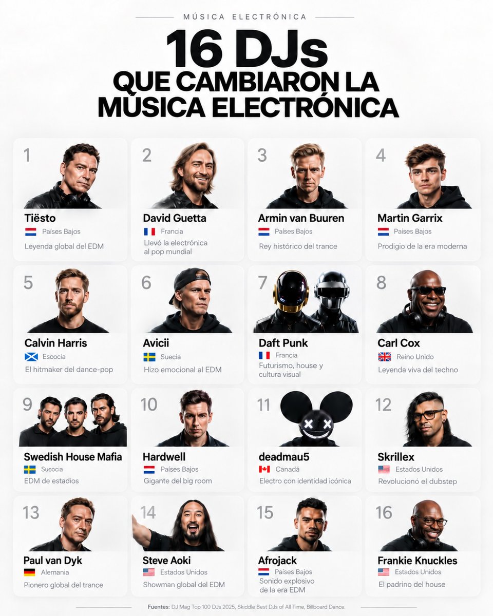 marcvidal's tweet photo. ¿Estás de acuerdo? ¿Quién encuentras en falta? 

Para empezar, debería liderarlo Carl Cox, y me cuesta aceptar la lista sin Fatboy Slim, Paul Oakenfold, Laurent Garnier, Jeff Mills, Richie Hawtin, Sven Väth, Sasha, John Digweed, Larry Levan, Juan Atkins, Derrick May, Kevin Saunderson, DJ Alfredo, José Padilla, Óscar Mulero, Paco Osuna, Cristian Varela y hasta el gran Chimo Bayo.

“los más famosos” y “los que cambiaron la música” no son exactamente la misma lista 🙄
_
Según DJ Mag Top 100 DJs 2025, Skiddle Best DJs of All Time, Billboard Dance.