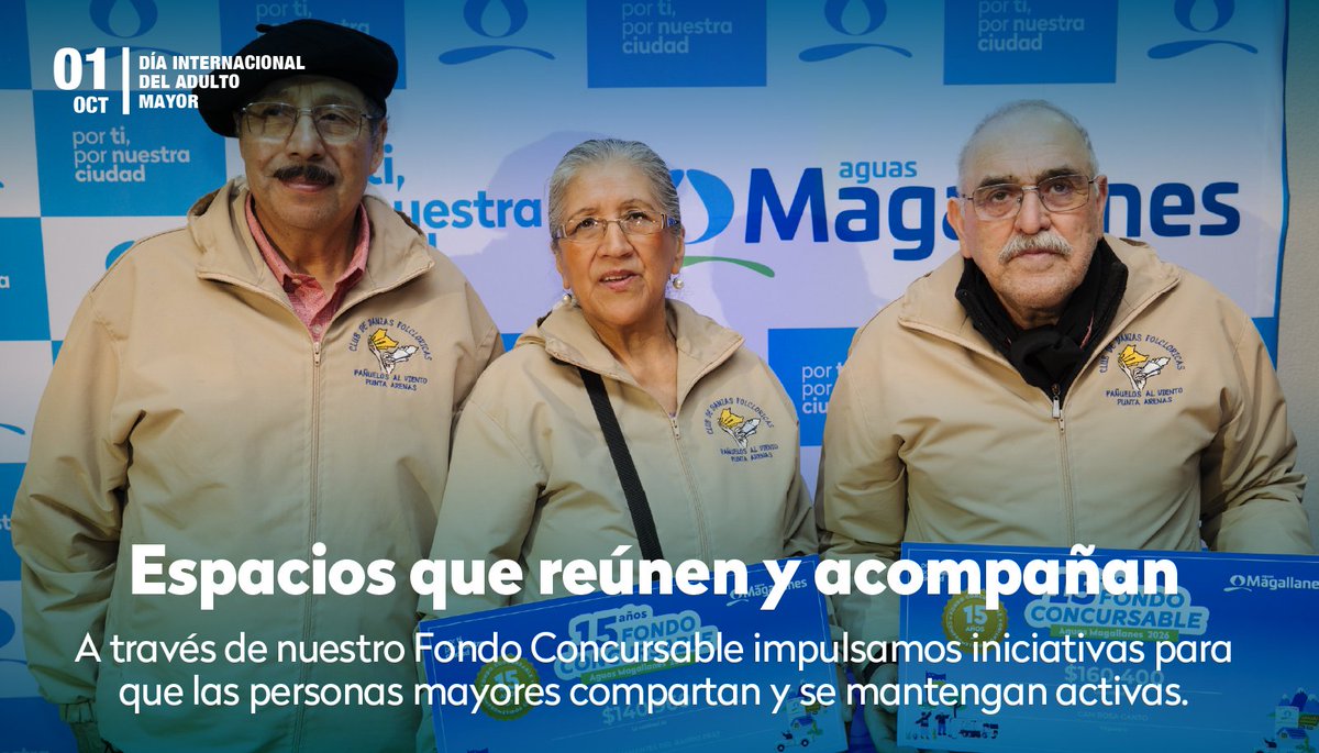 AguasMagallanes's tweet photo. 👵👴 En el #DíaInternacionalDelAdultoMayor celebramos a quienes siguen participando activamente en sus comunidades.

A través de nuestro Fondo Concursable apoyamos espacios de encuentro que promueven actividades, compañía y una vida activa. 💙

#PorTiPorNuestraCiudad https://t.co/CflDQNpC4j