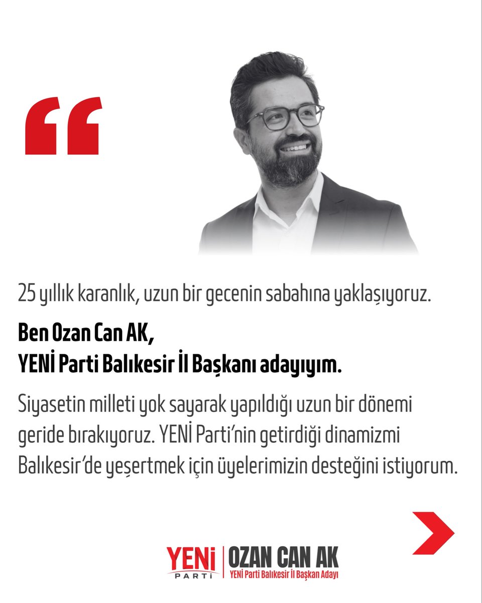 ozancanak's tweet photo. Yeni Parti’mizin getirdiği dinamizmi Balıkesir’de büyütmek adına Partimizin İl Başkanlığına adayım.

Balıkesir için, Yeni Parti için, yeni bir siyaset için ilk adımı atıyor,
Söz, Yetki, Kararın üyelerimizde olduğu yeni bir siyaset kültürünü birlikte inşa ediyoruz.

Desteklerinizle güçleneceğiz.

@yenipartiyiz 
@eczozgurozel