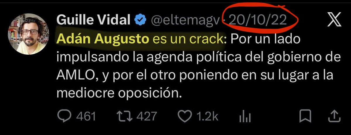 luis_gj's tweet photo. Oye, hijo único @eltemagv 

Dices que una de las cosas que “no gustan” de Andrea Chávez es su cercanía con Adán Augusto.

Qué curioso:

2022: “Adán Augusto es un crack”.
2023: “Ya quisiera la oposición tener un candidato con su capacidad”.

Entonces, Guille, ¿qué cambió? ¿Ya te preocupan los señalamientos alrededor de La Barredora y Hernán Bermúdez?

Porque hace nada esa cercanía era con “un crack”. Ahora resulta que es un defecto de Andrea. 

Decídete, campeón. 😂😂😂
