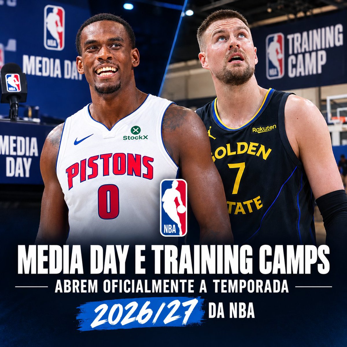 InsidetheLigas's tweet photo. MEDIA DAY E TRAINING CAMPS ABREM OFICIALMENTE A TEMPORADA 2026/27 DA NBA

A temporada 2026/27 da NBA começou oficialmente com o tradicional Media Day e a abertura dos Training Camps, mas os holofotes, que deveriam estar voltados para as novas quadras, foram rapidamente roubados pelos bastidores.

Kristaps Porziņģis está fora por tempo indeterminado. O Golden State Warriors anunciou oficialmente que o pivô letão não viajará com a equipe para o training camp no Havaí devido a um problema de saúde não especificado.

A natureza exata do problema não foi detalhada. No entanto, Porziņģis tem um histórico recente de problemas de saúde recorrentes que já o limitaram severamente nas últimas temporadas. Ele ficará fora, no mínimo, dos primeiros treinos e do primeiro jogo de pré-temporada contra o Los Angeles Clippers

Embora o termo "tempo indeterminado" assuste, o gerente-geral da franquia Mike Dunleavy, ressaltou que a situação "simplesmente apareceu" e preferiu não estipular prazos, mas não descartou o jogador para a estreia oficial da temporada regular em outubro. 

O desfalque é um golpe duro para a rotação de garrafão de Steve Kerr. O pivô, que renovou seu contrato nesta offseason por dois anos e US$ 40 milhões, atuou em apenas 15 partidas pelos Warriors desde que chegou via troca no início de 2026.

Sem o letão de 2,21 metros no garrafão para o início dos treinos, o técnico Steve Kerr deve dar mais espaço na rotação para veteranos como Draymond Green e Al Horford, além de testar alas mais jovens como o brasileiro Gui Santos e o calouro Yaxel Lendeborg.

IMPASSE POR RENOVAÇÃO AFASTA JALEN DUREN DO INÍCIO DOS TREINOS EM DETROIT

O pivô All-NBA Jalen Duren não compareceu ao media day do Detroit Pistons e também está fora do início do training camp da equipe por conta de um longo impasse contratual. O jogador de 22 anos é um agente livre restrito e, até o momento, recusou uma oferta de renovação de 5 anos e US$ 200 milhões totalmente garantidos.

Como está sem contrato assinado, pelas regras da liga ele não pode participar das atividades oficiais com a franquia. Relatos indicam que o staff de Duren alega que a questão atual vai além do dinheiro e envolve como as negociações foram conduzidas pela diretoria, citando "desrespeito" com o jogador.

Duren tem até dia 1º de outubro para decidir se assinará a oferta qualificatória de US$ 9,6 milhões por um ano. Se optar por isso, ele jogará a temporada de 2026-27 e se tornará um agente livre irrestrito no próximo verão.

O presidente de operações da franquia, Trajan Langdon, afirmou que não falou diretamente com o pivô durante as férias, mas ressaltou que o time deseja mantê-lo e não está interessado em trocas no momento. O técnico J.B. Bickerstaff e o astro Cade Cunningham também expressaram apoio público ao companheiro.