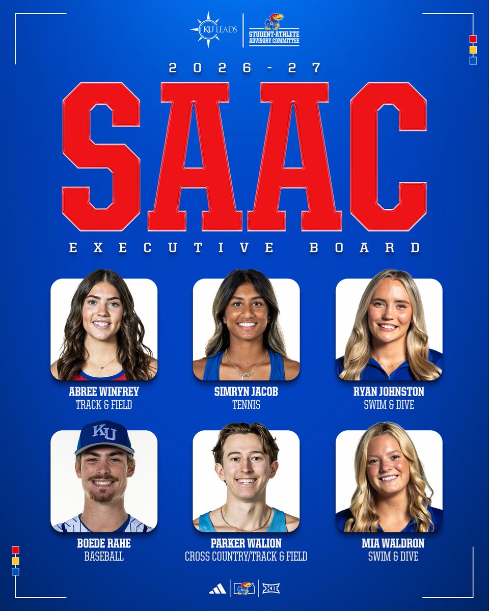 KU_LEADS's tweet photo. Introducing the 2026-27 Student-Athlete Advisory Committee (SAAC) Exec Board! 🙌
SAAC is the voice of Jayhawk student-athletes. They work to strength the student athlete experience through connection, community, and impact.
#SAAC #KULeads https://t.co/YhaFgIz60r