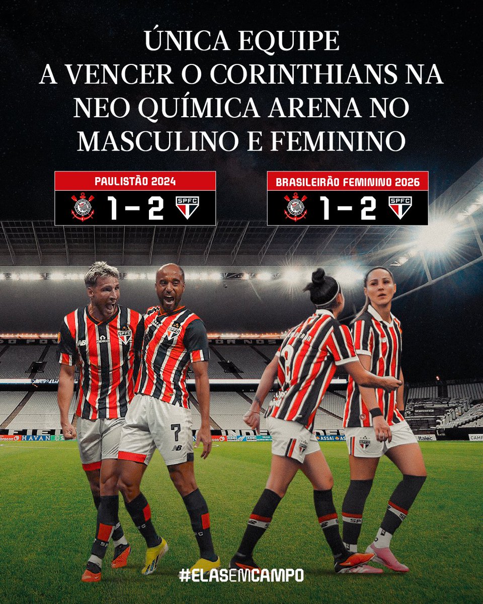 Paulistao's tweet photo. O TABU FOI QUEBRADO DUAS VEZES! 🇾🇪
O São Paulo é a única equipe com vitórias no masculino e no feminino jogando na Neo Química Arena!
#PaulistasEmCampo #ElasEmCampo #Tricolor https://t.co/FZAiR7fMVb