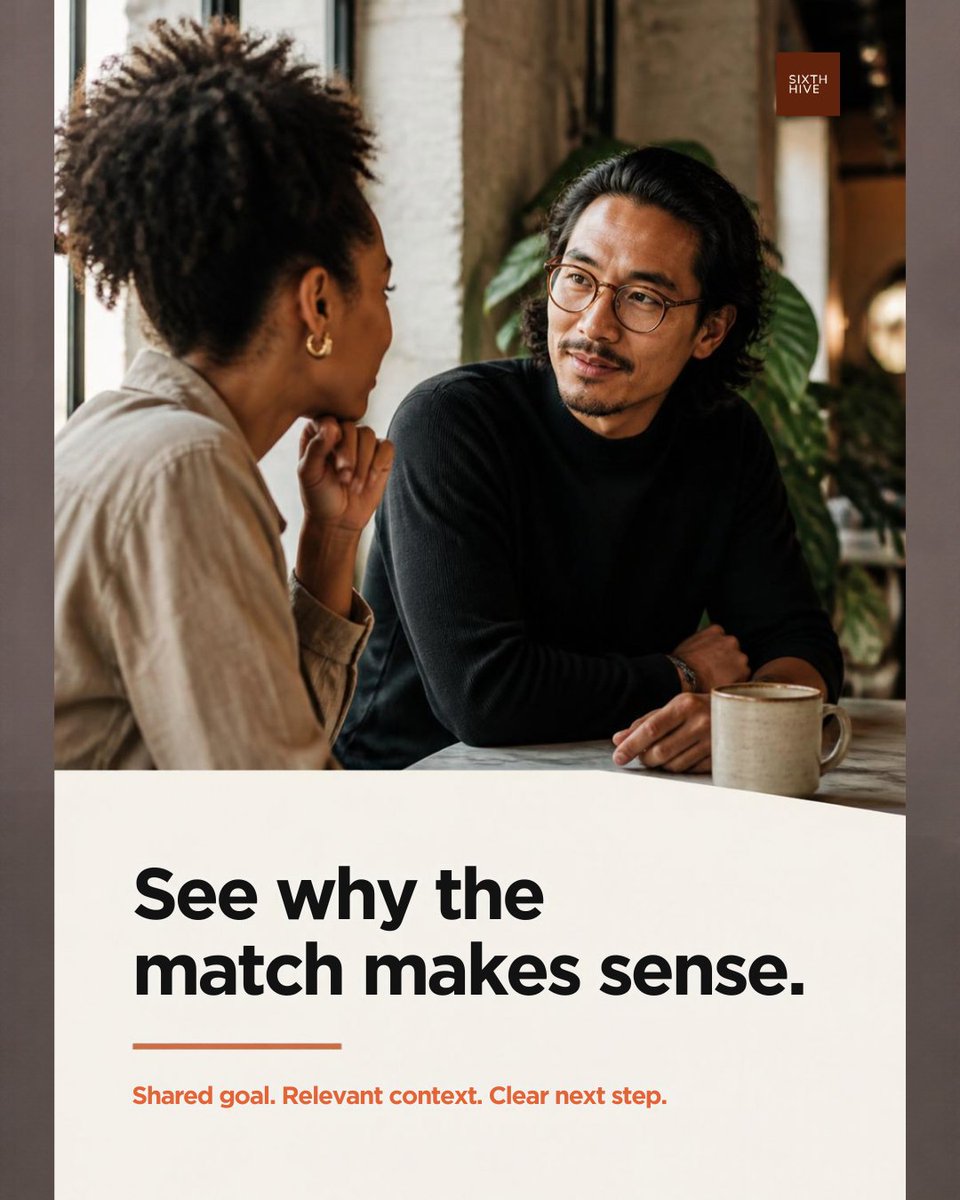 SixthHive's tweet photo. Networking is not the goal. Finding the right people is.
Sixth Hive helps you find relevant people, communities and opportunities with a clear reason to begin.
Get 3 daily matches free: https://t.co/N38sZhbPk6
#SixthHive #SmartNetworking https://t.co/T2t5hClAy1