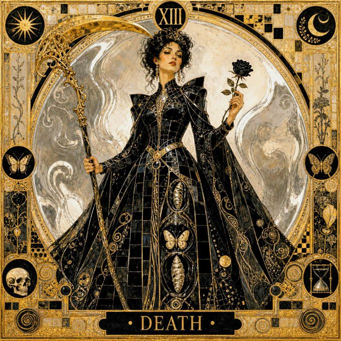 Tarot card illustration of 'DEATH' (XIII), depicting a figure in an ornate black and gold dress holding a scythe and a black rose, surrounded by symbolic motifs including butterflies, a skull, and a crescent moon.