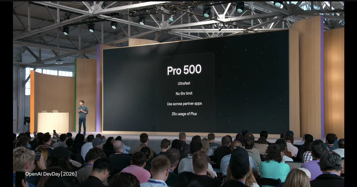 testingcatalog's tweet photo. BREAKING 🔥: OpenAI announced ChatGPT Pro 500 plan, with x25 usage capacity and access to Ultrafast mode. 

No 5h limit, too 👀 https://t.co/fxy1k9gK3K