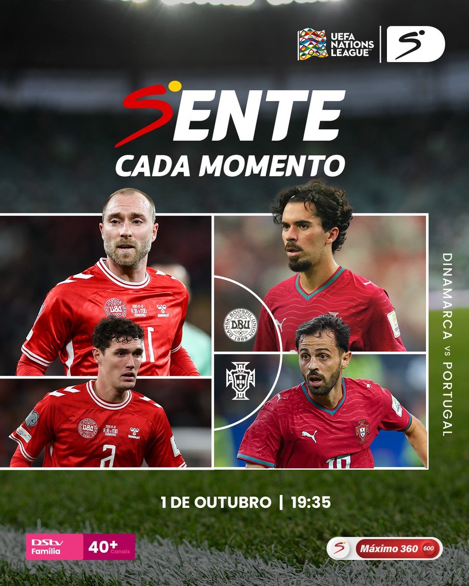 DStv_Angola's tweet photo. Chegamos à 3ª jornada da Liga das Nações⚽
Confere os jogos do dia 1 de Outubro:
Dinamarca vs Portugal, às 19h35, no SSM360 (p.600). Depois de duas vitórias consecutivas, a Selecção das Quinas enfrenta uma Dinamarca à procura de recuperar terreno no grupo.
📺
#DStv #DStvAngola https://t.co/ggQdEUVivh