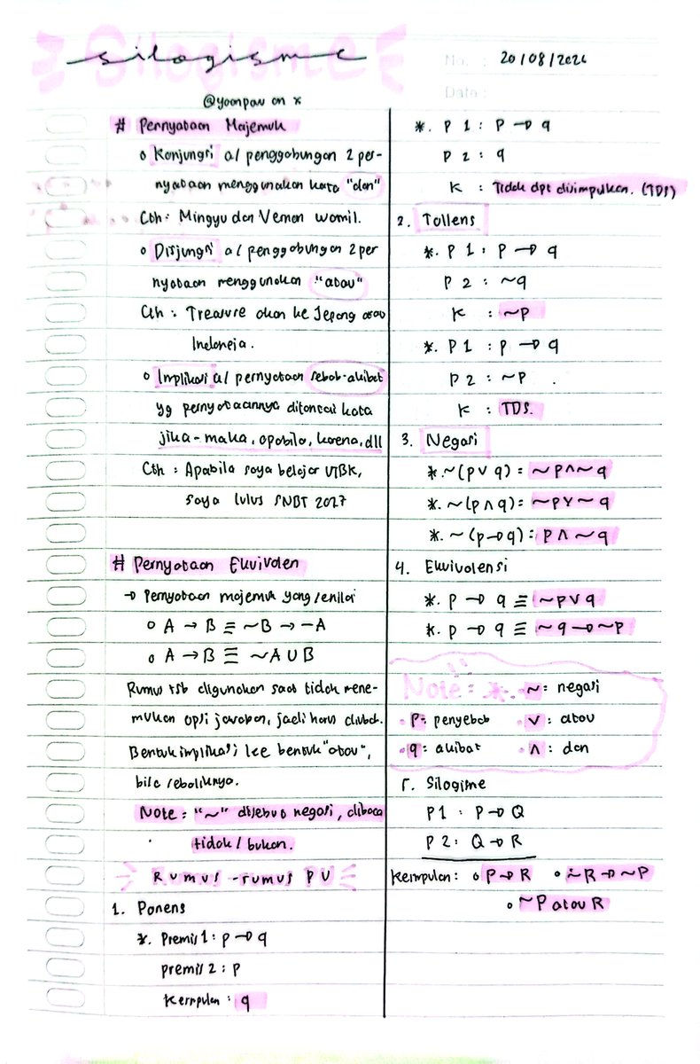 yoonpavv's tweet photo. 📓🖇 1 DAY 1 FUNDAMENTAL UTBK with ayla! 📁🦌
📆 Day 10 - PU
Materi : Silogisme, penarikan kesimpulan, ponens, dan tollens
hope it helps <3 https://t.co/KlqHqPnrLs