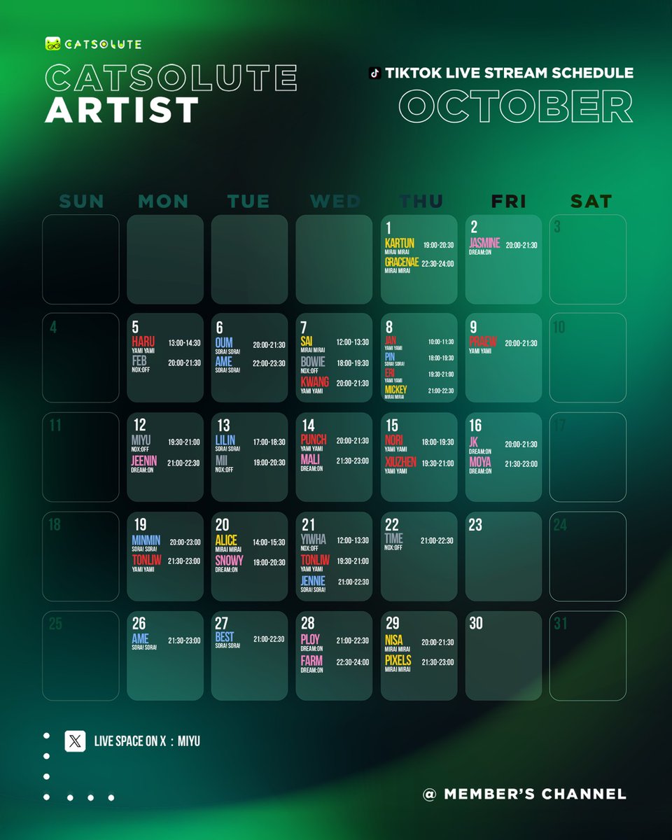 catsolute's tweet photo. [ 🔴 Live Stream Schedule ]
ตารางไลฟ์เดือนตุลาคมมาแล้ว! พบกับการไลฟ์ของศิลปินค่าย Catsolute โดยสามารถเข้าร่วมที่บัญชีของศิลปินคนนั้น บนแต่ละช่องทางได้เลยนะคะ 😸✨

#SoraSora #YamiYami #MiraiMirai #Dream0n #Nox0ff https://t.co/8cfwVCvBtX