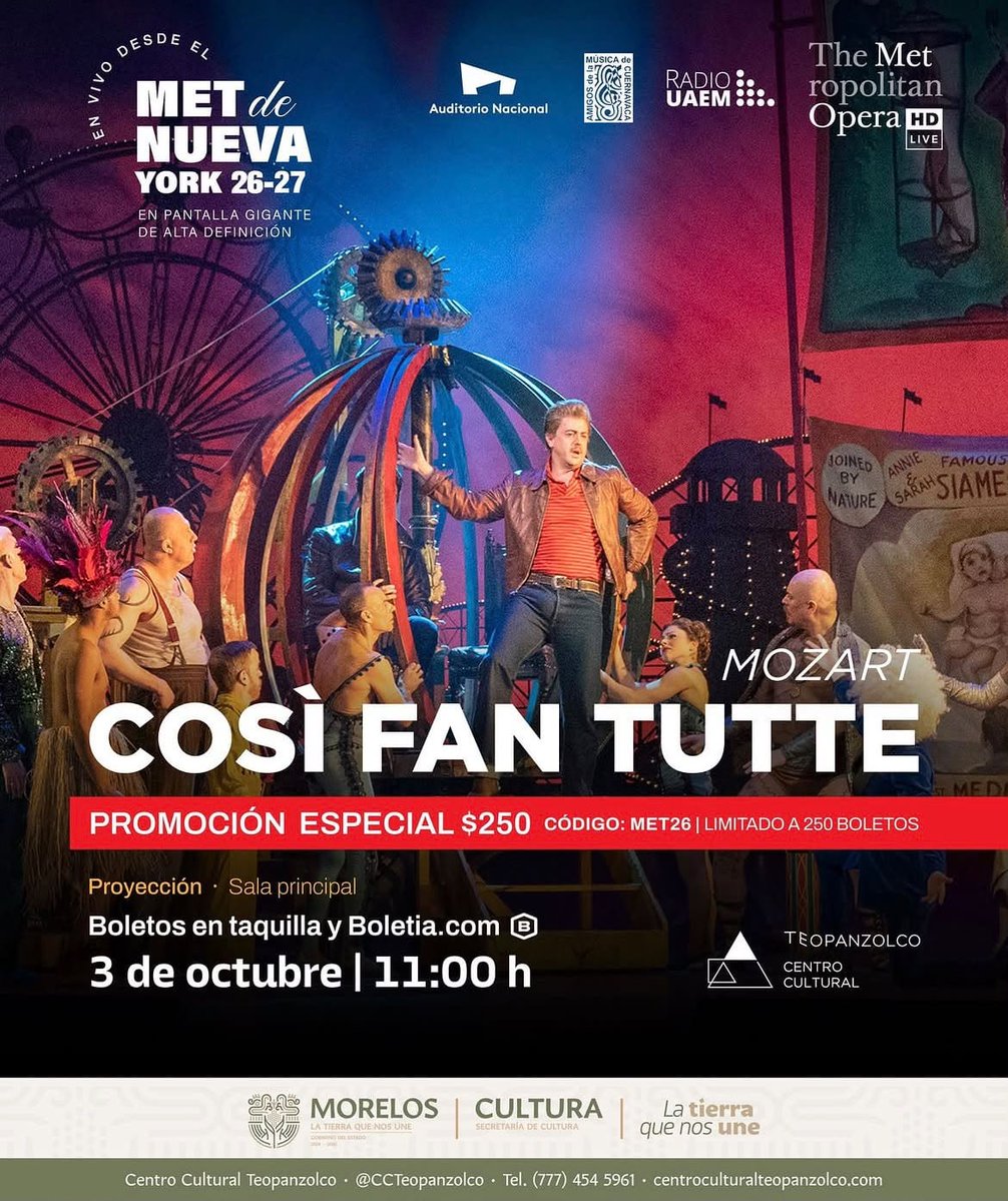 amimuscuerna's tweet photo. The Met: Live in HD Temporada 2026–27
Così fan tutte, ópera de Wolfgang A. Mozart
https://t.co/Sa1viGGvH6
En vivo: sábado 3 de octubre, 11:00 h
Centro Cultural Teopanzolco
-Boletos en taquilla-
https://t.co/Mjx0uvCUdX
Informes: 777 454 5944
amigosmusicacuernavaca@gmail.com https://t.co/dPhqPHvM4L