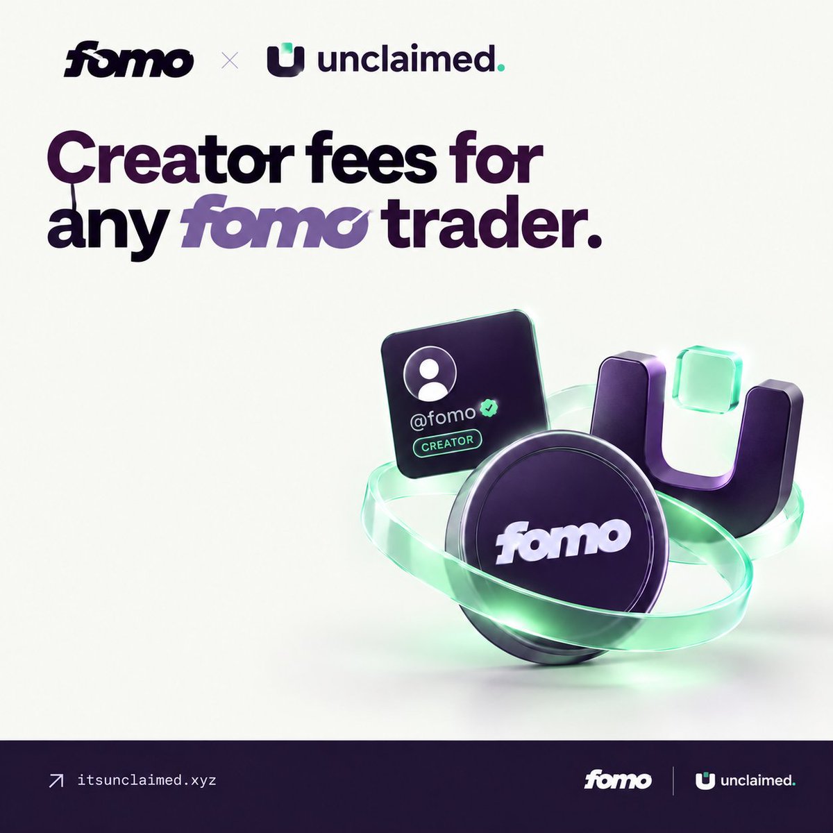 Itsunclaimed_'s tweet photo. Creator fees for any fomo trader.

Launch a token on https://t.co/iqnPwvzfUo, name their fomo profile handle, and 50–100% of its creator fees are locked to them.

To claim, they set a one-time picture as their fomo pfp. No signup, no wallet address needed. Paid in SOL. https://t.co/clOjISyHaN