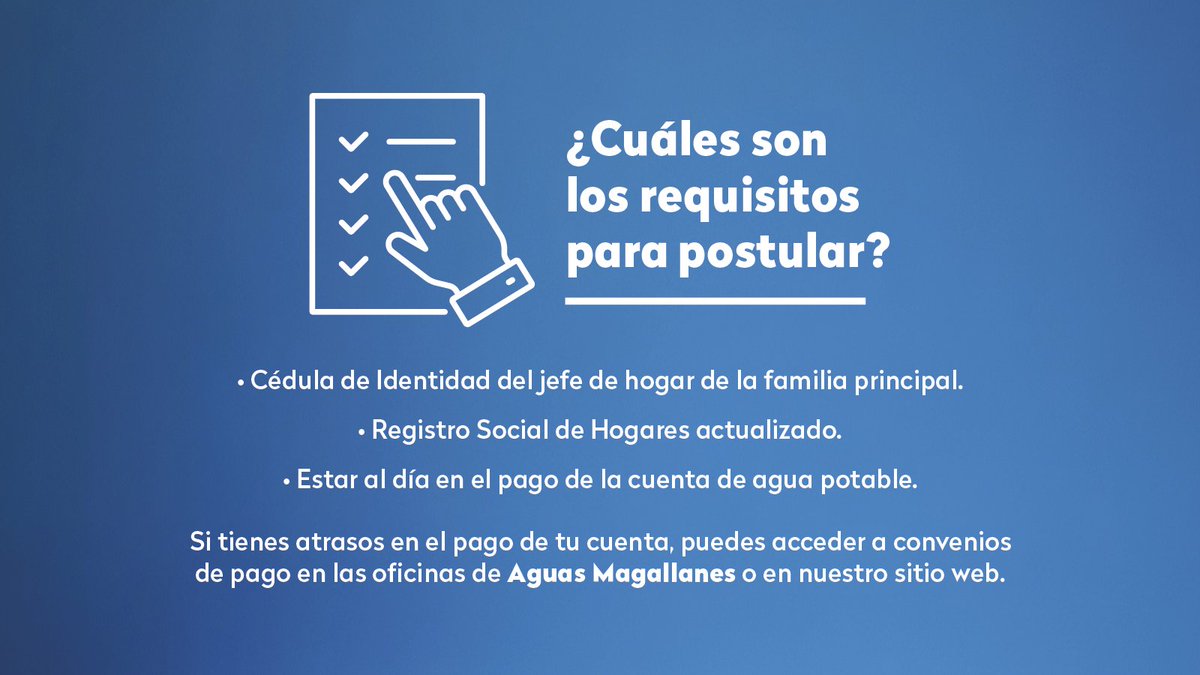 AguasMagallanes's tweet photo. 💧 El Subsidio de Agua Potable, se gestiona en tu Municipalidad. La postulación, evaluación y vigencia dependen de la autoridad de la comuna.

Revisa requisitos e información en https://t.co/4TmBIhUIno 

#AguasMagallanes https://t.co/3iweg5Xj3Q
