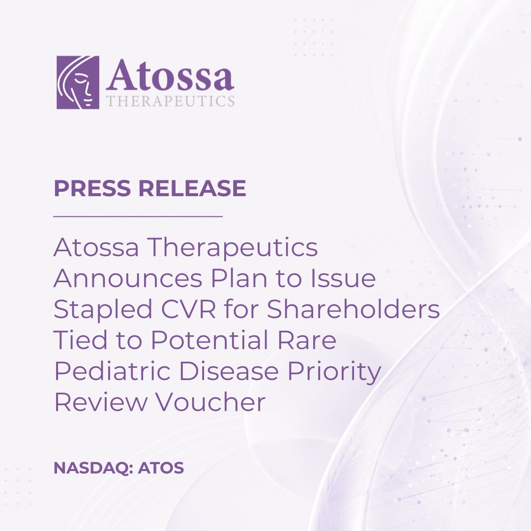 atossainc's tweet photo. Atossa Therapeutics Announces Plan to Issue Stapled CVR for Shareholders Tied to Potential Rare Pediatric Disease Priority Review Voucher. 

Read more: https://t.co/4ArIvY63dH $ATOS https://t.co/YV6XcWOGK5
