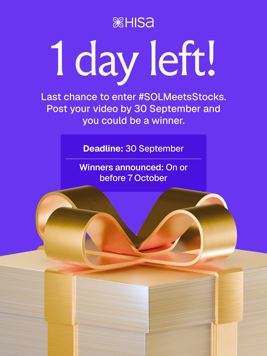 hisanigeria's tweet photo. Last chance to post your video and enter the #Solmeetsstocks challenge.
Download the Hisa app and show us how you fund your account with crypto, then use it to trade stocks .
Make a creative video about it and post . Tag @hisanigeria and @superteam
The deadline is tomorrow . Winners will be announced on or before 7th October.
Goodluck!