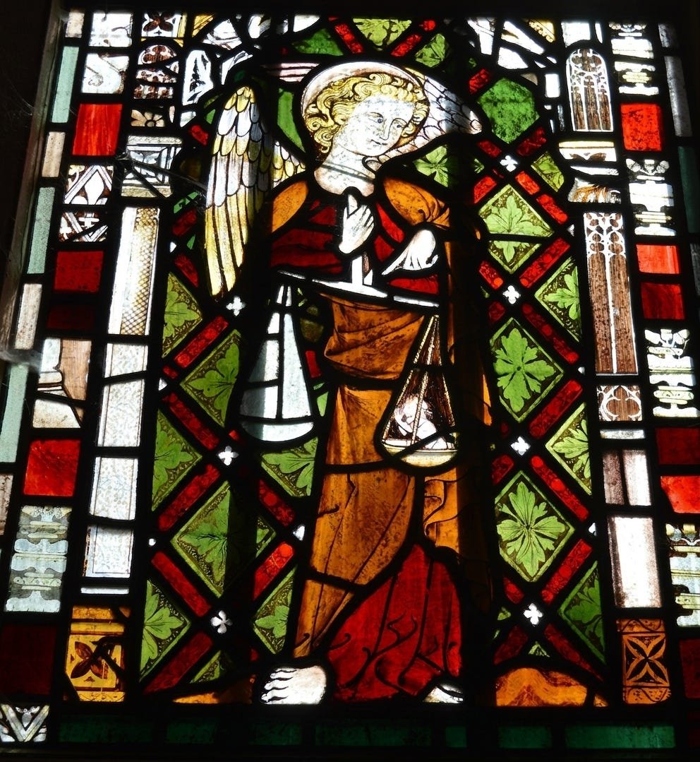 StBenedict21stC's tweet photo. 29th September is St Michael’s feast day, so here is a 14th century stained glass image of him from Eaton Bishop. https://t.co/LozJMj0XDG