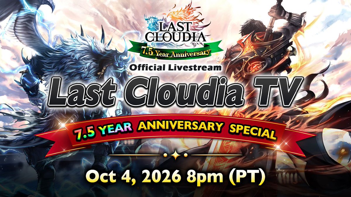 lastcloudiaen's tweet photo. The #LastCloudia 7.5 Year Anniversary Special livestream starts on Oct 4 at 8:00 pm (PT) !📺👀

Watch to learn all about the upcoming anniversary event, unit/ ark releases, updates, amazing rewards, and more! 

You won't want to miss it!

▶️: https://t.co/Qmy7N6LDYH https://t.co/dhPdYAiG9F