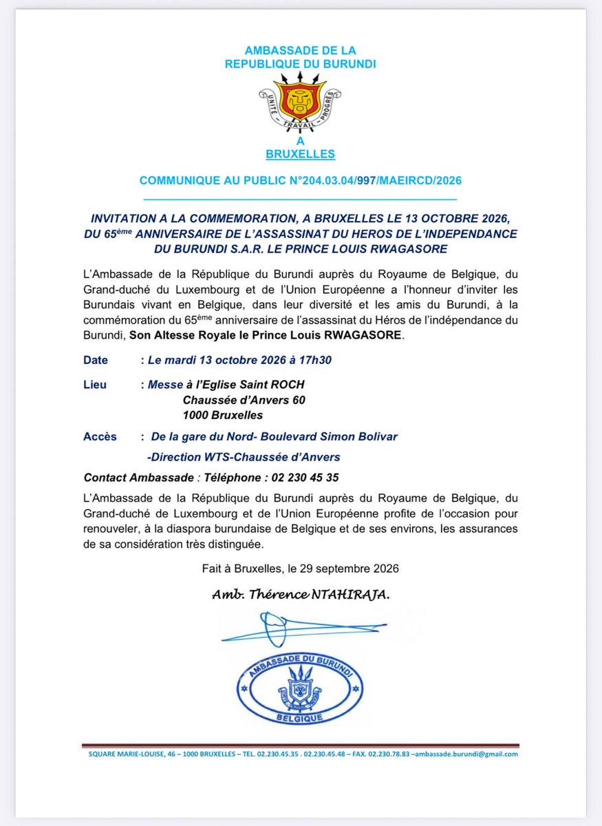 NtahirajaThren1's tweet photo. Chers Burundais et amis du #Burundi, je vous invite à la commémoration du 65ème Anniversaire de l’assassinat du Héros de l’indépendance du #Burundi comme l’indique le communiqué ci-après @NtareHouse @BurundiGov @MAEBurundi @DIASPORANDUNDI @BURUNDIDIASPOR1 https://t.co/vHcbdjG8OK