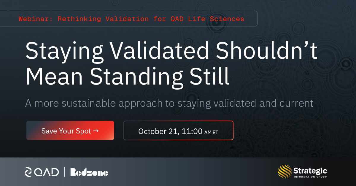 QAD_Community's tweet photo. Join QAD and Strategic Information Group (SIG) on October 21 for a practical discussion on how a more risk-based, repeatable approach can make validation more manageable.

Register now: https://t.co/mYiN884yGb

#LifeSciences #SoftwareValidation #QAD https://t.co/2NvkHnr7DM