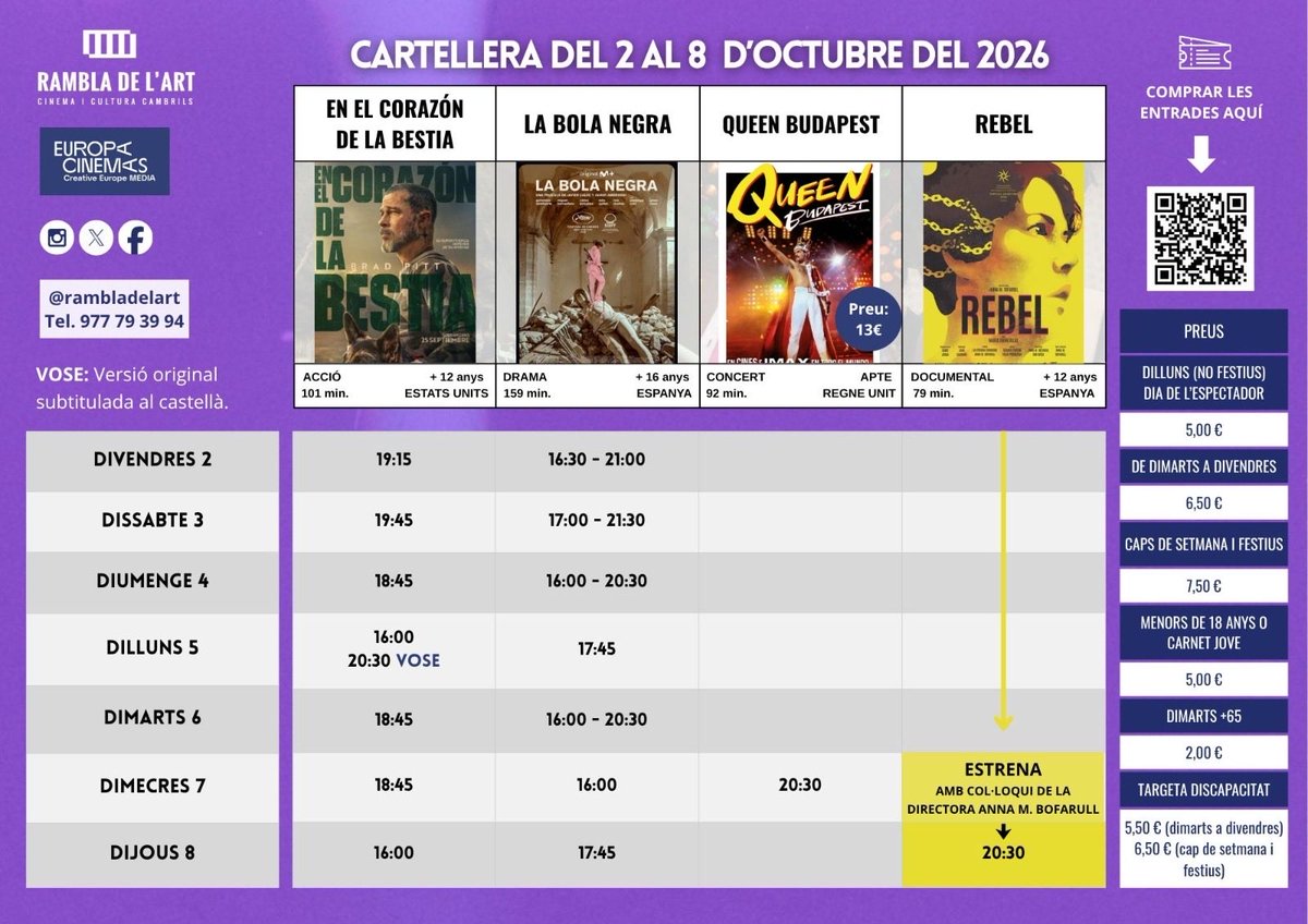 Rambladelart's tweet photo. A partir de divendres, noves propostes de cine, documental i concerts. Entrades ja disponibles a https://t.co/T6vftak9tW https://t.co/lRtr557YgM