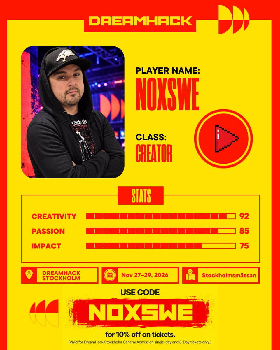 NoXswe's tweet photo. I CAN FINALLY TELL YOU… 👀🔥

I’m incredibly excited to announce that I’ve been accepted as a Creator for DreamHack Stockholm 2026! 🎮🏆

I’ll be at DreamHack Stockholm November 27–29, creating content and bringing you along for the DreamHack experience! 🖤🔥

And if you’re planning to go too, you can get 10% off your tickets with my code:

🎟️ NOXSWE

This honestly feels like such a huge milestone, and I’m incredibly grateful for the opportunity. ❤️

See you at DreamHack Stockholm! 🔥

#DreamHack #DreamHackStockholm #NoXswe #Creator