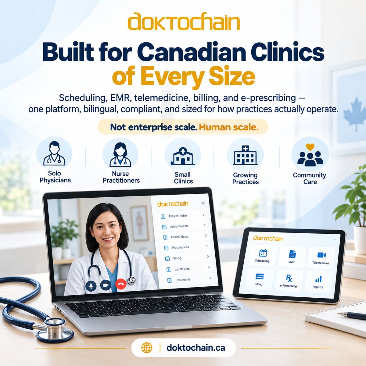 doktochain's tweet photo. Most health platforms are built for hospitals.

Canada's primary care runs on small clinics. Doktochain is sized for them — bilingual, provincially compliant, complete on day one. https://t.co/UGboO8m85G