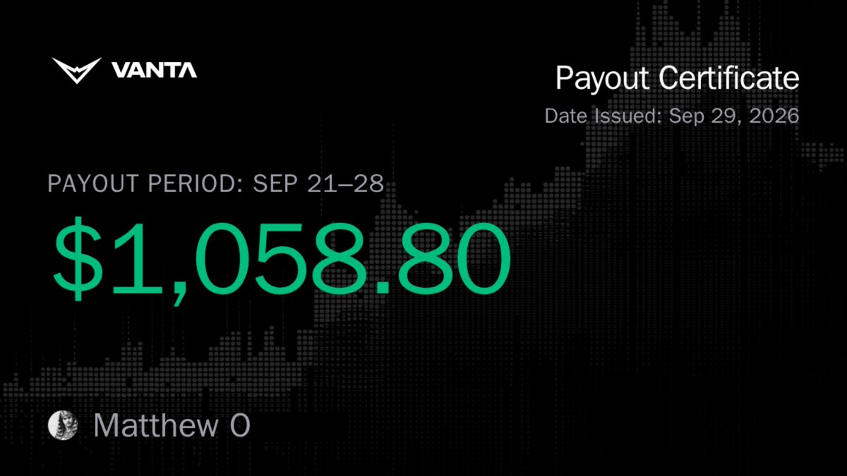 dudwithoutaname's tweet photo. Thank you @VantaTrading

Proud and blessed to have secured my 1st 100% payout  😎

This could be you too💪
Get a $100K account for as low as $259 and enjoy; 

* Weekly Payouts, recorded on a public ledger and verifiable on-chain
* No Minimum trading days 
* No consistency rules
* Rules published in full before purchase
* Upto 100% profit split 

Join here: https://t.co/3OqmlxwEEC