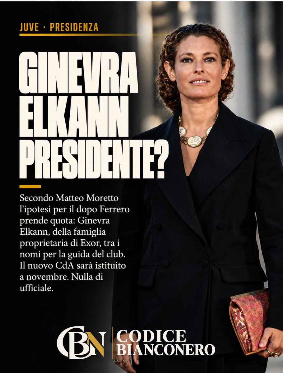 CodBianconero's tweet photo. Il totonome sulla presidenza cambia ancora, e stavolta porta un cognome pesante.

Tra le ipotesi per il dopo #Ferrero starebbe prendendo quota quella di Ginevra #Elkann, esponente della famiglia proprietaria di #Exor. Nulla di ufficiale: il nuovo CdA verrà istituito a novembre, ed è in quella sede che gli equilibri prenderanno forma.

Un segnale di una proprietà pronta a rimetterci la faccia in prima persona? Tra i tanti nomi che circolano, uno di famiglia racconterebbe una direzione precisa. Ma, come sempre, contano più le carte delle suggestioni.

👑

#Juventus #Elkann #Presidenza #SerieA