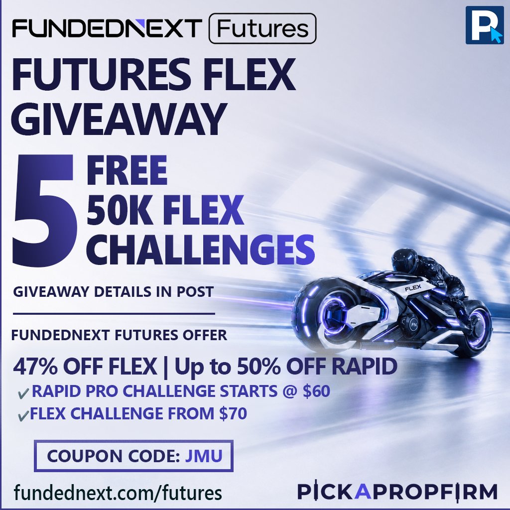 jmutrades's tweet photo. 🎁FundedNext Futures Flex Giveaway
5 winners get a FundedNext Futures 50K Flex Challenge 
TO ENTER: 
1️⃣ Follow @fnfutures, @jmutrades, @pickapropfirm
2️⃣ Like & RT
3️⃣ Tag 3 friends and tell me what you like best about the Flex Challenge.
Winners picked October 4 @ 10AM EST
No purchase necessary to enter or win

Current FundedNext Futures Offer:
💸Up to 50% OFF Rapid Challenge.
47% OFF Flex (2 uses, then 40% OFF)
Rapid Pro Challenge starts at only $60
Claim deal👉https://t.co/1XOqX1jAZY | coupon code JMU

🏁FundedNext Futures is one of our top ranked firms.