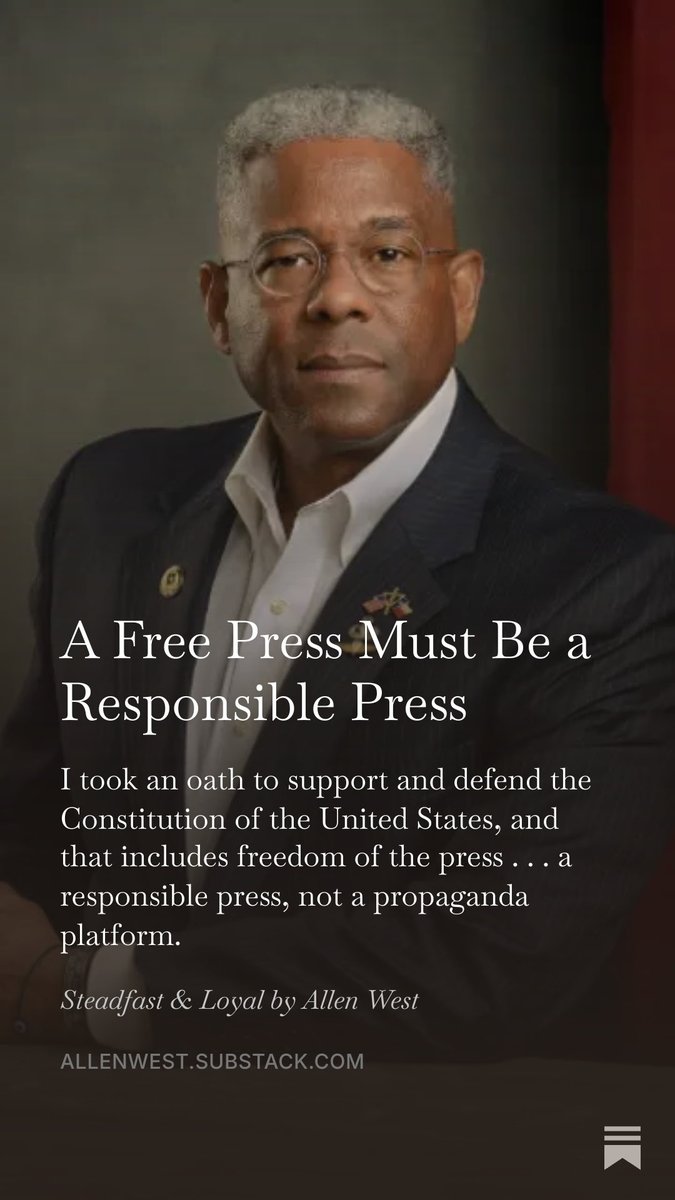 AllenWest's tweet photo. I took an oath to support and defend the Constitution of the United States, and that includes freedom of the press . . . a responsible press, not a propaganda platform. Read now: https://t.co/2O86J0q3xA https://t.co/8cHIDnsGFY