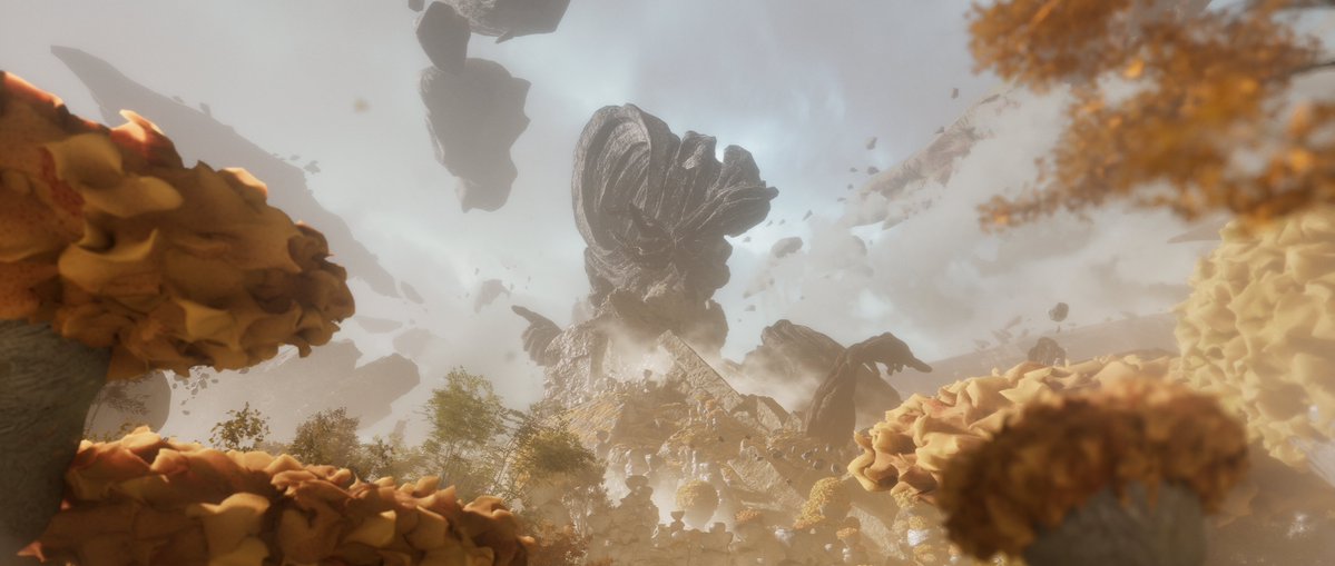 A fantastical scene showing a massive stone statue head with hands reaching out, surrounded by floating rocks and giant mushroom-like structures under a hazy sky.
